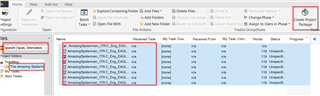 Trados Studio Files view with multiple files selected. The 'Create project package' option is highlighted and enabled in the toolbar. No errors or warnings are visible.