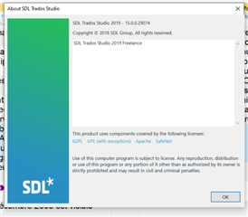 About SDL Trados Studio dialog box showing version 15.0.0.29178 with copyright and license information.