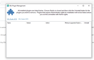 SDL Plugin Management window with no plugins listed, indicating that the user does not have any plugins installed.