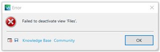 Error dialog box in Trados Studio with a red 'X' icon indicating 'Failed to deactivate view 'Files''. Buttons for 'Knowledge Base' and 'Community' are visible, along with an 'OK' button.