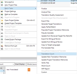 Trados Studio screenshot showing the right-click context menu on a project with 'Batch Tasks' expanded, highlighting 'Translation Count'.