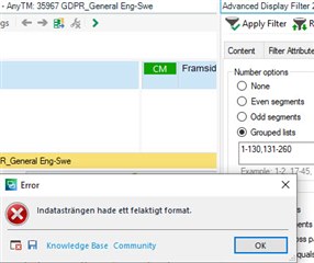 Trados Studio screenshot showing an error message 'Indatastr ngen hade ett felaktigt format' which translates to 'input string has incorrect format' in the Grouped Lists function.