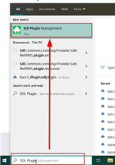 Windows search bar showing results for 'SDL Plugin Management' with the application highlighted in the list.