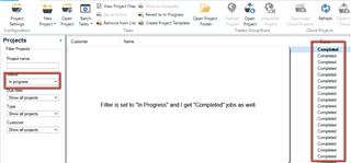 Screenshot of Trados Studio showing the Projects view with a filter set to 'In progress' but displaying both 'In progress' and 'Completed' projects. A red box highlights the filter error.