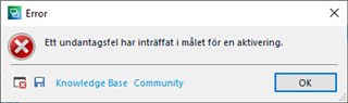 Error message dialog box with red circle and white 'X' icon, text reads 'An exception error has occurred in the target of an activation.' Buttons for 'Knowledge Base' and 'Community' are visible, as well as an 'OK' button.