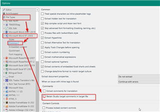 Trados Studio Options menu with File Types expanded showing Microsoft Word selected. Common options displayed with 'Retain Studio target comments in target file' checkbox ticked.