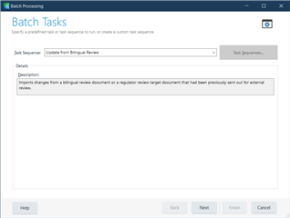 Trados Studio Batch Processing window showing task sequence 'Update from Bilingual Review' with options for Help, Back, Next, Finish, and Cancel.