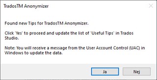 TradosTM Anonymizer pop-up window with a message 'Found new Tips for TradosTM Anonymizer. Click 'Yes' to proceed and update the list of 'Useful Tips' in Trados Studio. Note: You will receive a message from the User Account Control (UAC) in Windows to update the data.' with two buttons labeled 'Ja' and 'Nej'.