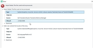 Error message in Trados Studio 2019 stating 'Import failed. The file could not be processed.' with details about the exception type and source.