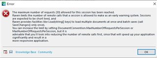 Error message in Trados Studio 2021 stating 'The maximum number of requests (30) allowed for this session has been reached.' with suggestions to avoid this limit loading.