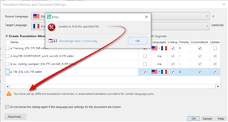 Screenshot of Trados Studio Translation Memory and Document Settings window showing an error message 'Unable to find the specified file.' and a warning about using different translation memories for certain language pairs.