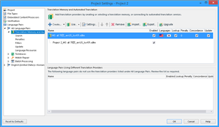 Trados Studio Project Settings window showing a Translation Memory (TM) named 'EN_US_1809_with_800MB' with a size of 0.4 MB, indicating a discrepancy with the expected size of 800 MB.