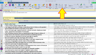 Trados Studio screenshot showing two panes with text segments. An arrow points to the 'View' tab highlighting options to display white space characters and hidden segments.