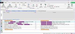 Screenshot of Trados Studio with a segment open, displaying a quality assurance warning for inconsistent formatting tags.