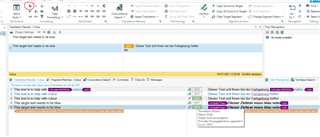 Trados Studio interface with an error message indicating that the target text is not the same as the formatting style.