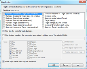 Flag Entries dialog box with various duplicate conditions listed and checkboxes to select options.