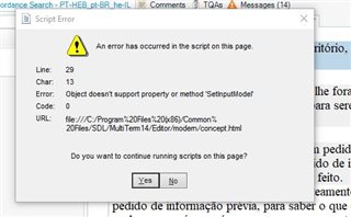 Error message in Trados Studio stating 'An error has occurred in the script on this page' with details about the line, char, error, and code, and options to continue running scripts.