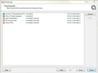 Trados Studio batch processing window showing tasks with 'Convert to Translatable Format' and 'Copy to Target Languages' completed, but 'Apply PerfectMatch' and 'Analyze Files' with 1 message reported each under Errors & Warnings.