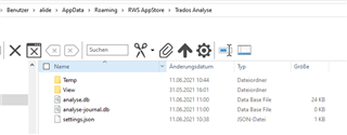 Trados Studio project folder window showing files such as 'Temp', 'View', 'analyse.db', 'analyse-journal.db', and 'settings.json' with their respective modification dates and sizes.
