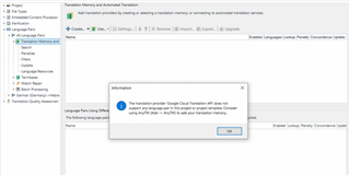 Trados Studio error message stating 'The sourcetarget language pair is not supported by Google Cloud Translation API.'