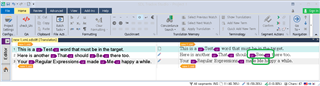 Trados Studio QA checker report displaying three warnings: text must not be in target, should be in target, and regular expression issue.