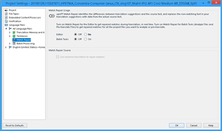 Trados Studio Project Settings window showing Match Repair options with 'Enable Match Repair' checkbox unchecked.