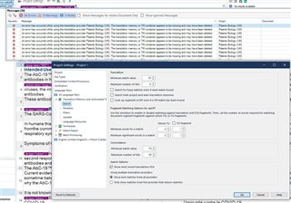 Screenshot of Trados Studio showing multiple error messages related to the Translation Memory (TM) in a list format at the top of the screen.