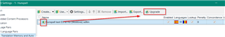 Trados Studio screenshot showing the Project Settings menu with an arrow pointing to the Upgrade button for TM maintenance.
