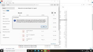 Screenshot of an Adobe Acrobat Reader error message stating it could not open a file because it is not a supported file type or has been damaged.