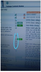 Screenshot of Trados Studio showing Package Contents Review with a list of files. A blue circle highlights a warning icon next to a file named 'DS15_Ch07'.