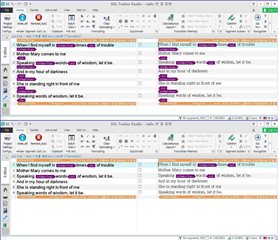 Screenshot of Trados Studio interface showing source and target segments with italic tags before removal.