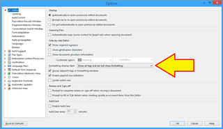 Trados Studio Options dialog box with an error message next to the 'AutoSave' settings, indicated by a red arrow.