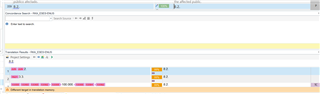 Screenshot of Trados Studio showing a translation memory error where the number 2 is incorrectly translated as 8.2 and 3.3 as 8.2 in the translation results.