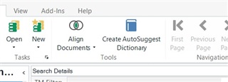 Screenshot of Trados Studio 2021 Freelance Translation Memory view ribbon showing options such as Open, New, Align Documents, and Create AutoSuggest Dictionary.