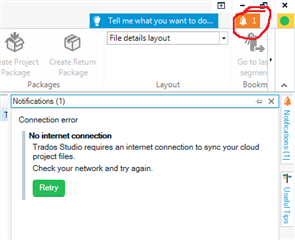 Trados Studio notification window showing 1 connection error stating 'No internet connection. Trados Studio requires an internet connection to sync your cloud project files. Check your network and try again.' with a 'Retry' button.