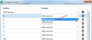 Currency Formats dialog box in SDL Trados Studio with an arrow pointing to the 'Before amount' option for the dollar symbol.