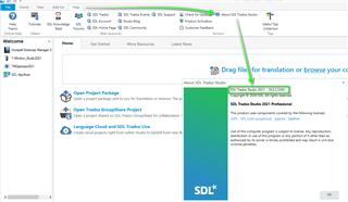 Trados Studio interface showing the Help-About section to check the exact version of the software.
