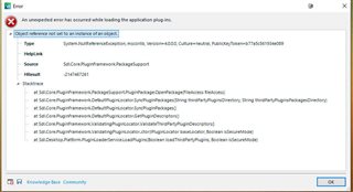 Error dialog box in Trados Studio showing 'An unexpected error has occurred while loading the application plug-ins.' with details including file paths and exception types.