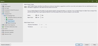 Trados Studio Options window showing upLIFT Match Repair settings with 'Enable' option selected and 'Match Repair Source' set to 'On'.