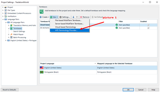 Trados Studio Project Settings window showing IATE Terminology Provider with a red error icon indicating it is not working.