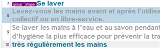 Screenshot of Trados Studio showing segments of text incorrectly split and out of order, with a segment 'Se laver' separated from its continuation 'tres regulierement les mains'.