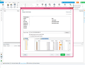 Trados Studio Open Package dialog showing a package with subfolders selected and the 'include subfolders' option checked. Translatable files are listed in the lower right pane.