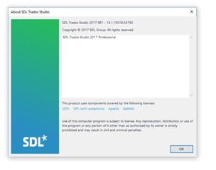 About SDL Trados Studio dialog box showing the software version as SDL Trados Studio 2017 Professional and copyright information.