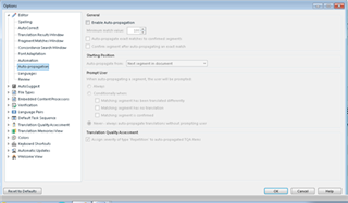 Trados Studio Options menu showing Auto-propagate settings unchecked.