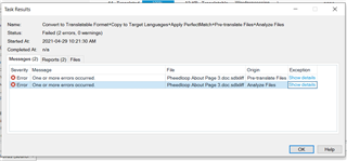 SDL Trados Studio error message window showing two errors stating 'One or more errors occurred' with file paths and an option to show details.