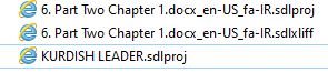 Three SDL Trados Studio project files listed with Explorer icons, including '6. Part Two Chapter 1.docx_en-US_fa-IR.sdlproj' and 'KURDISH_LEADER.sdlproj'.