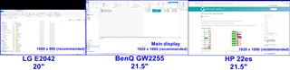 Three monitors showing Trados Studio with different scaling settings: LG E2042 at 20 inches, BenQ GW2255 at 21.5 inches, and HP 22es at 21.5 inches.