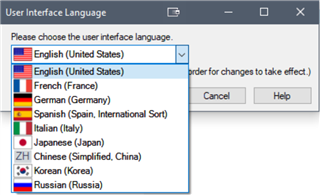 Dropdown menu under 'User Interface Language' in Trados Studio with multiple language options including English, French, German, Spanish, Japanese, Chinese, Korean, and Russian.