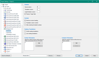 Trados Studio Project Settings window showing Columns customization with 'Context' column selected and 'Context information' settings visible.