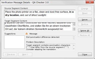Trados Studio QA Checker 3.0 window showing an error message for punctuation difference detected between source and target segments.